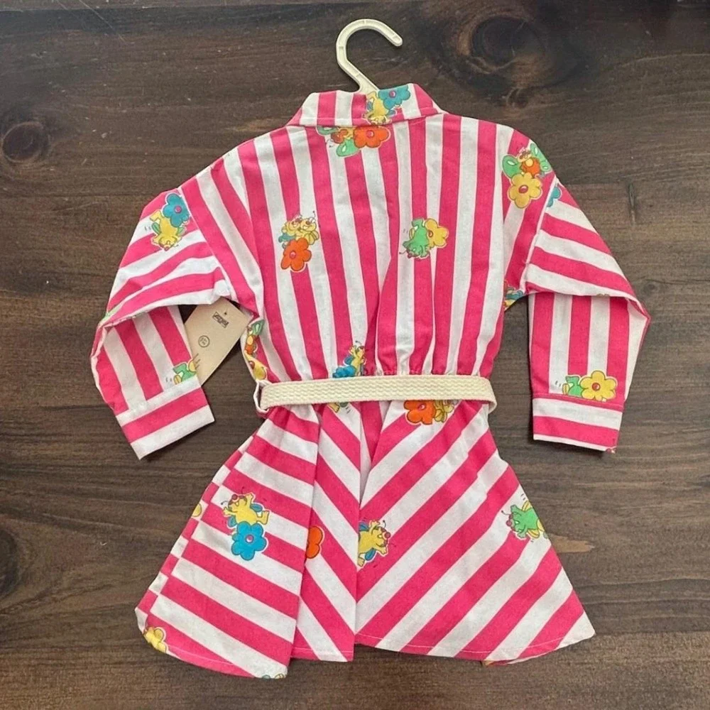 Vintage Health-tex Toddler Girls 2T Pink White Stripe Flower‎ Belted Shirt Dress